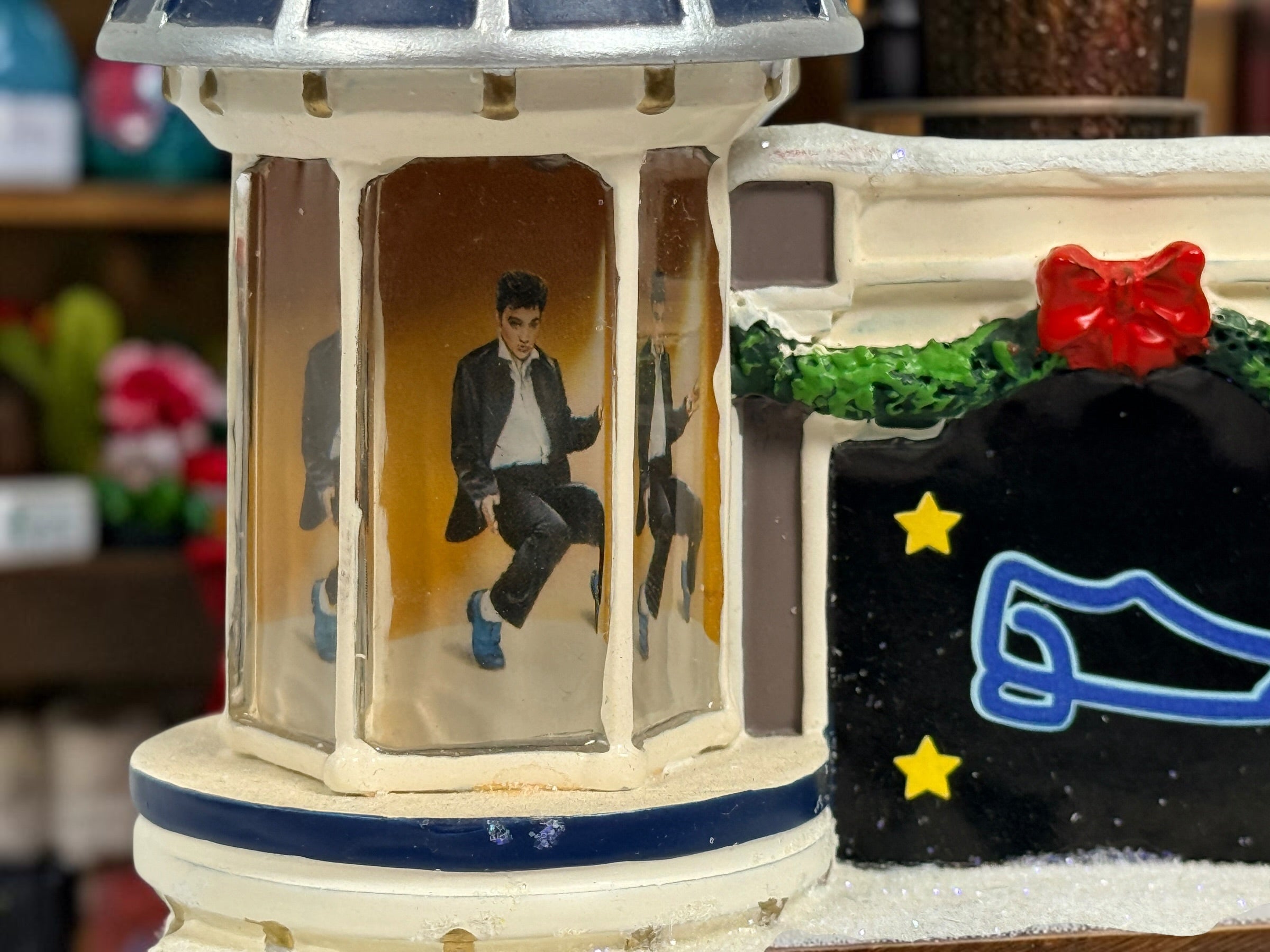 Retired 2004 Hawthorne Village Elvis Presley Blue Suede Shoes Store from the Rock ‘n’ Roll Holiday Village collection. Great collectible display piece.