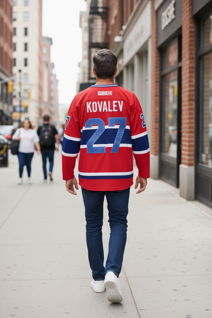 Vintage CCM Montreal Canadiens jersey with Kovalev #27, made in Canada. Quality sewn details, collectible fan gear. Ships fast from Montreal.