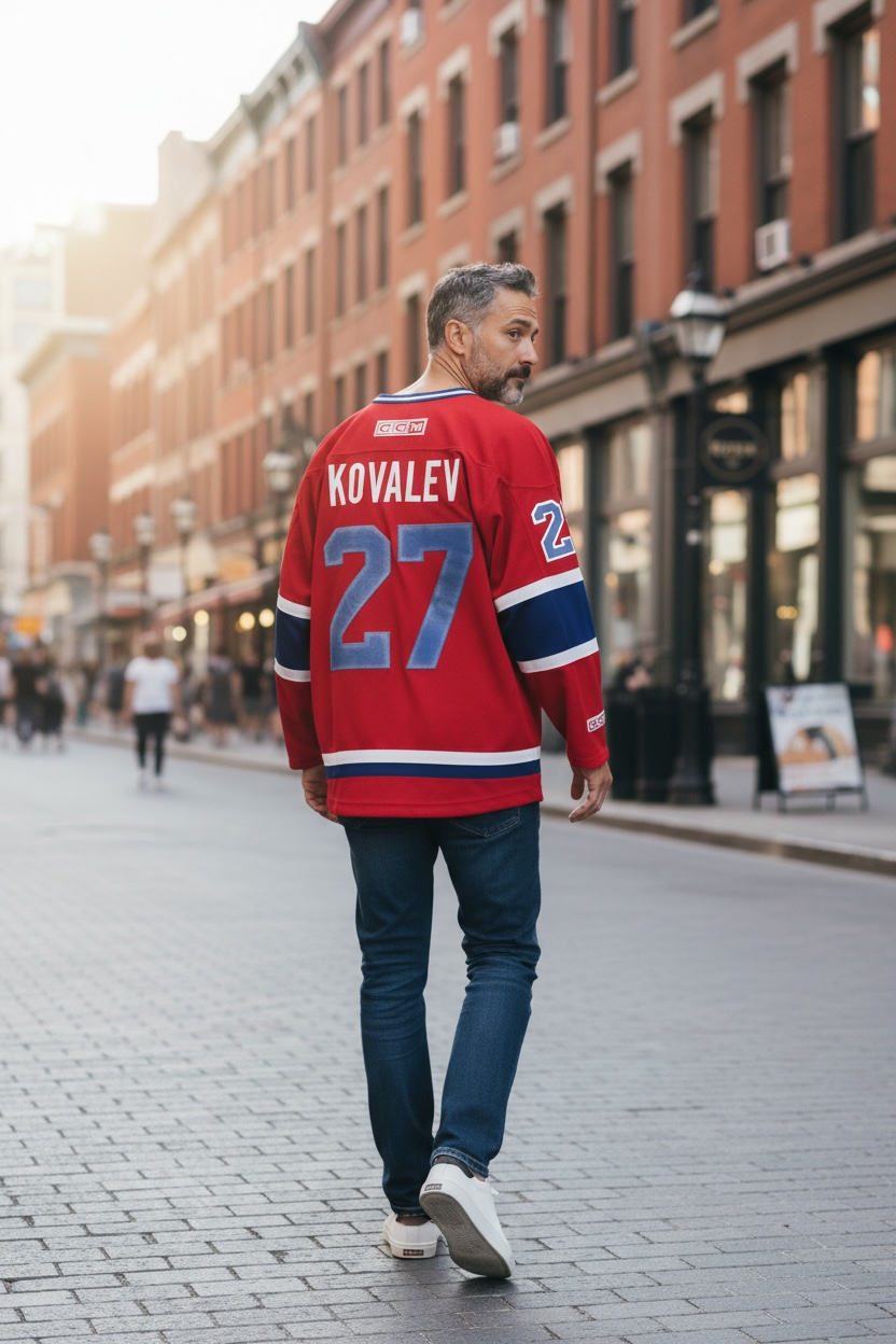 Vintage CCM Montreal Canadiens jersey with Kovalev #27, made in Canada. Quality sewn details, collectible fan gear. Ships fast from Montreal.