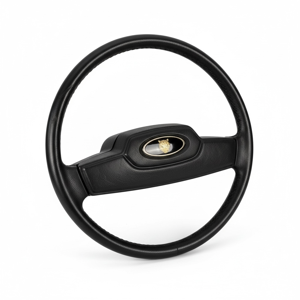 OEM Jaguar XJ6 Series III steering wheel with horn pad. Genuine 1980–87 UK-made replacement part in good driver condition. Vintage Jaguar interior collectible.