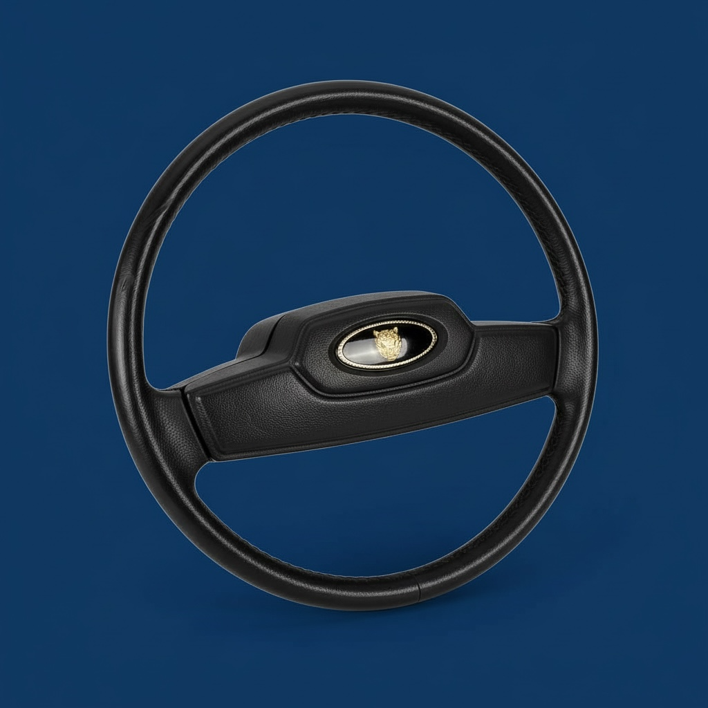 OEM Jaguar XJ6 Series III steering wheel with horn pad. Genuine 1980–87 UK-made replacement part in good driver condition. Vintage Jaguar interior collectible.
