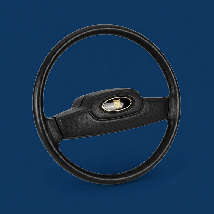 OEM Jaguar XJ6 Series III steering wheel with horn pad. Genuine 1980–87 UK-made replacement part in good driver condition. Vintage Jaguar interior collectible.
