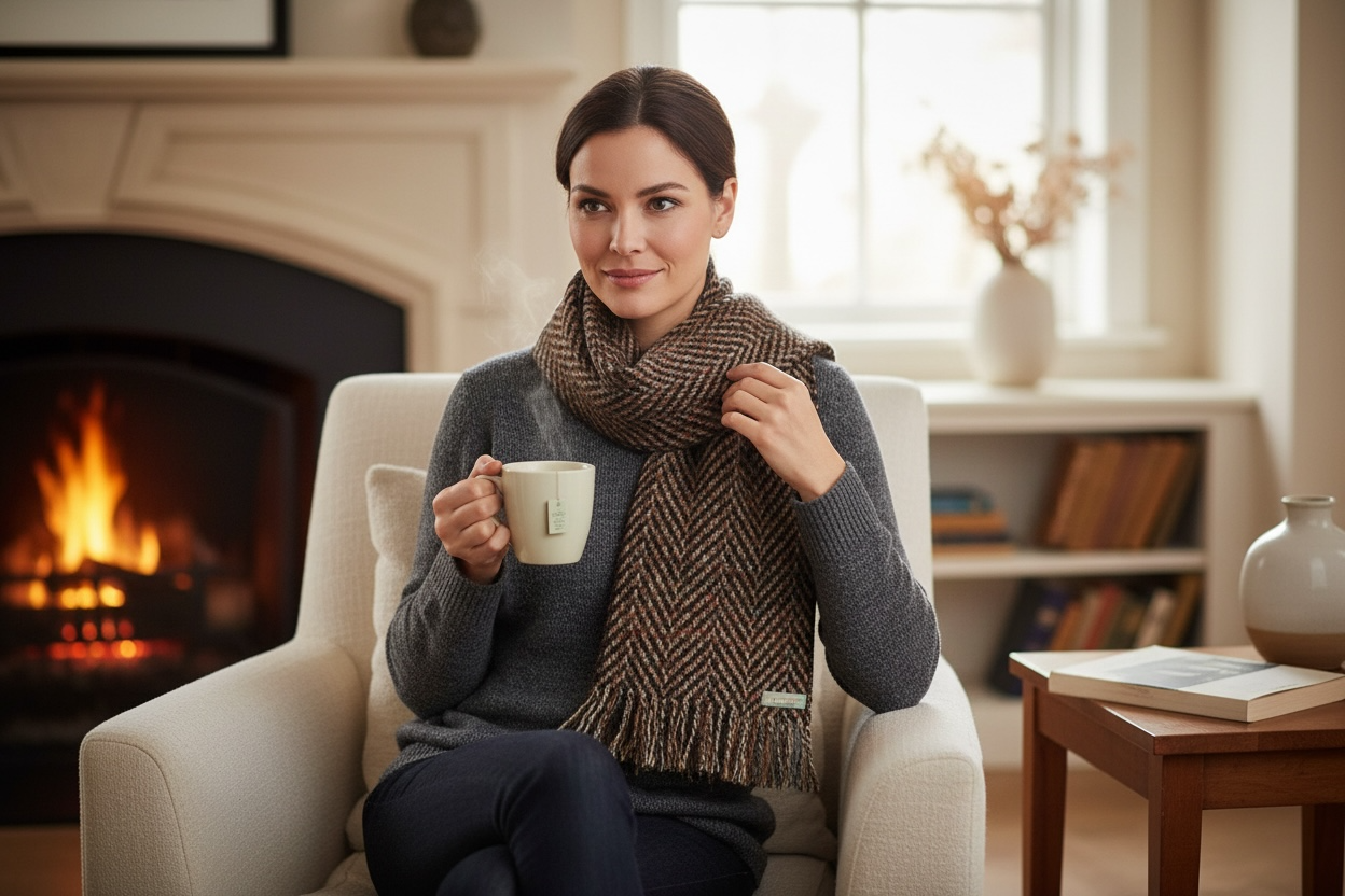 Vintage Aquascutum wool scarf with tweed herringbone weave and fringe. Quality British winter accessory in good condition. Ships from Canada.