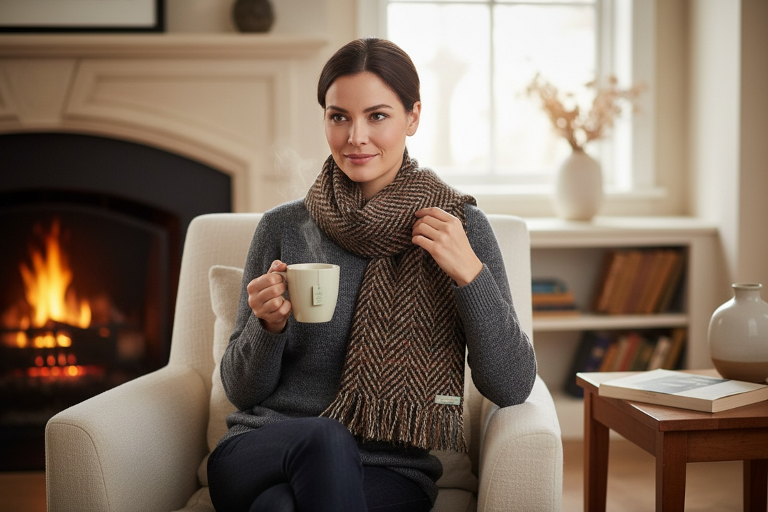 Vintage Aquascutum wool scarf with tweed herringbone weave and fringe. Quality British winter accessory in good condition. Ships from Canada.