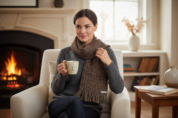 Vintage Aquascutum wool scarf with tweed herringbone weave and fringe. Quality British winter accessory in good condition. Ships from Canada.