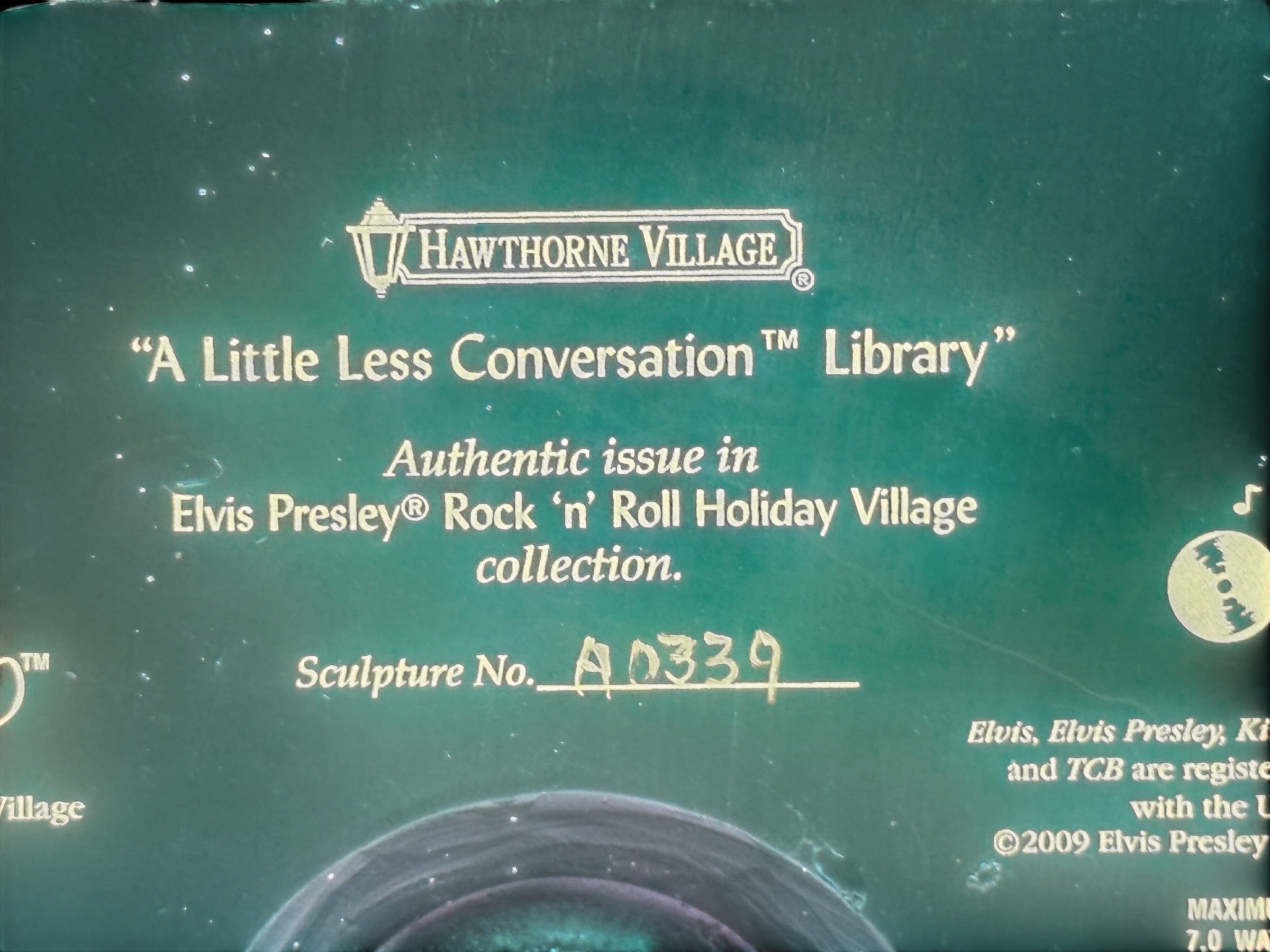 Retired 2009 Hawthorne Village Elvis Presley A Little Less Conversation Library Christmas village building. Sculpture A0339. No light cord included