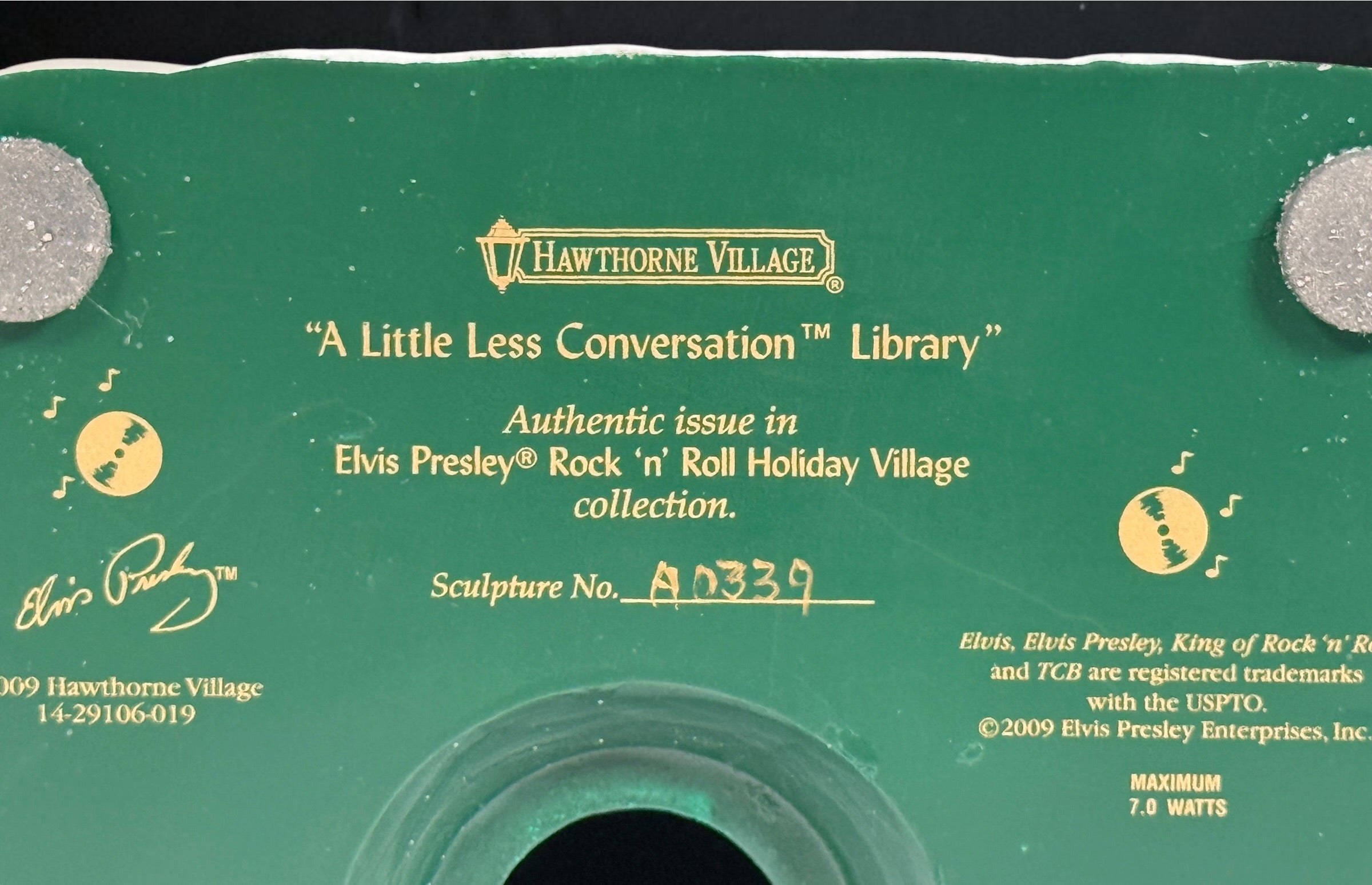 Retired 2009 Hawthorne Village Elvis Presley A Little Less Conversation Library Christmas village building. Sculpture A0339. No light cord included