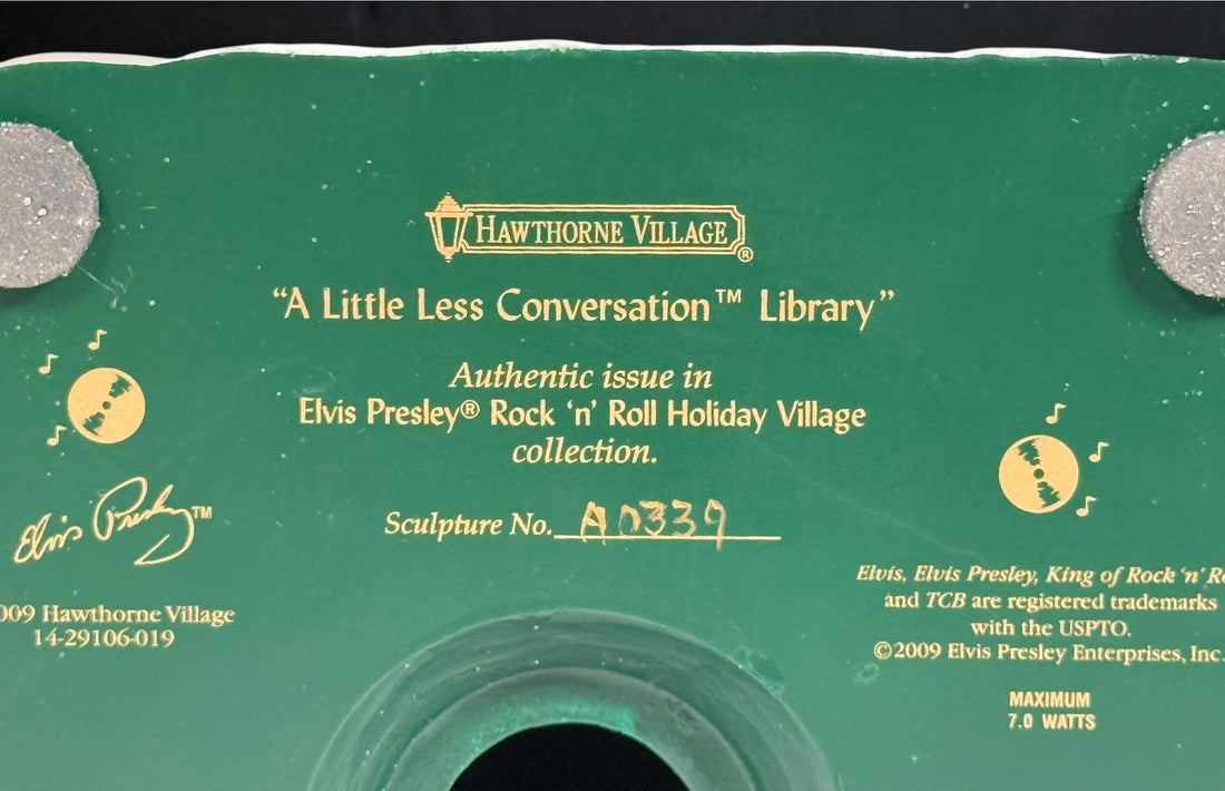 Retired 2009 Hawthorne Village Elvis Presley A Little Less Conversation Library Christmas village building. Sculpture A0339. No light cord included