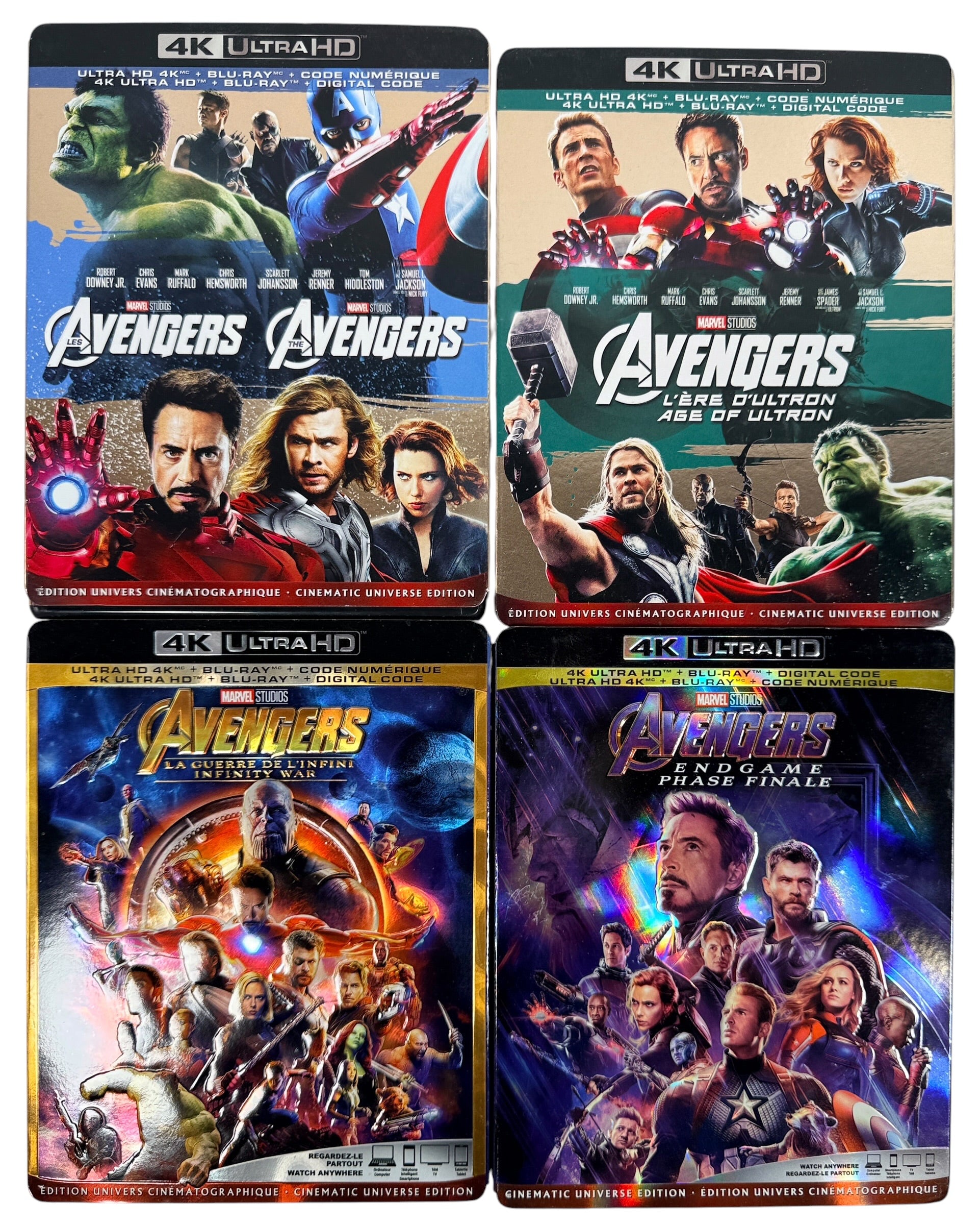 Complete Marvel Avengers 4-movie 4K Ultra HD and Blu-ray collection with original bilingual slipcovers. Includes The Avengers, Age of Ultron, Infinity War and Endgame.
