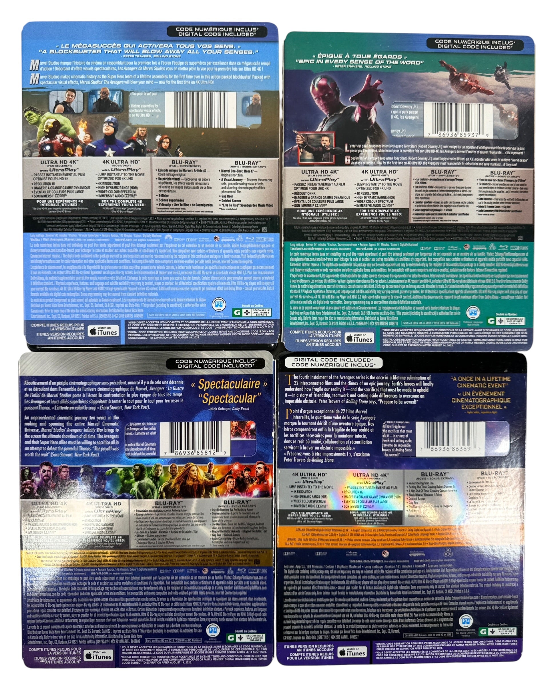Complete Marvel Avengers 4-movie 4K Ultra HD and Blu-ray collection with original bilingual slipcovers. Includes The Avengers, Age of Ultron, Infinity War and Endgame.