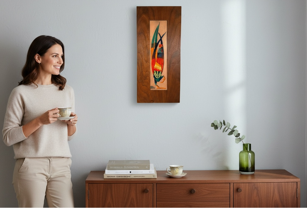 Vintage mid-century HEVA enamel on copper wall plaque with abstract figure, signed and mounted on wood. Québec studio art, 1960s–70s. Great MCM décor piece.