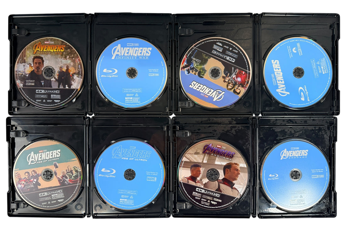Complete Marvel Avengers 4-movie 4K Ultra HD and Blu-ray collection with original bilingual slipcovers. Includes The Avengers, Age of Ultron, Infinity War and Endgame.