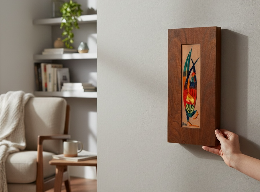 Vintage mid-century HEVA enamel on copper wall plaque with abstract figure, signed and mounted on wood. Québec studio art, 1960s–70s. Great MCM décor piece.