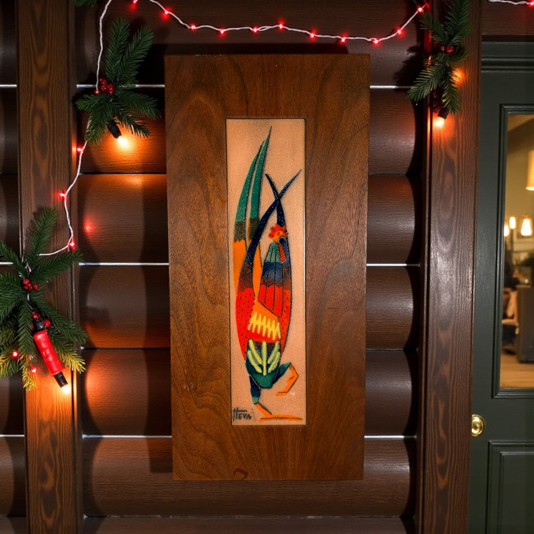 Vintage mid-century HEVA enamel on copper wall plaque with abstract figure, signed and mounted on wood. Québec studio art, 1960s–70s. Great MCM décor piece.