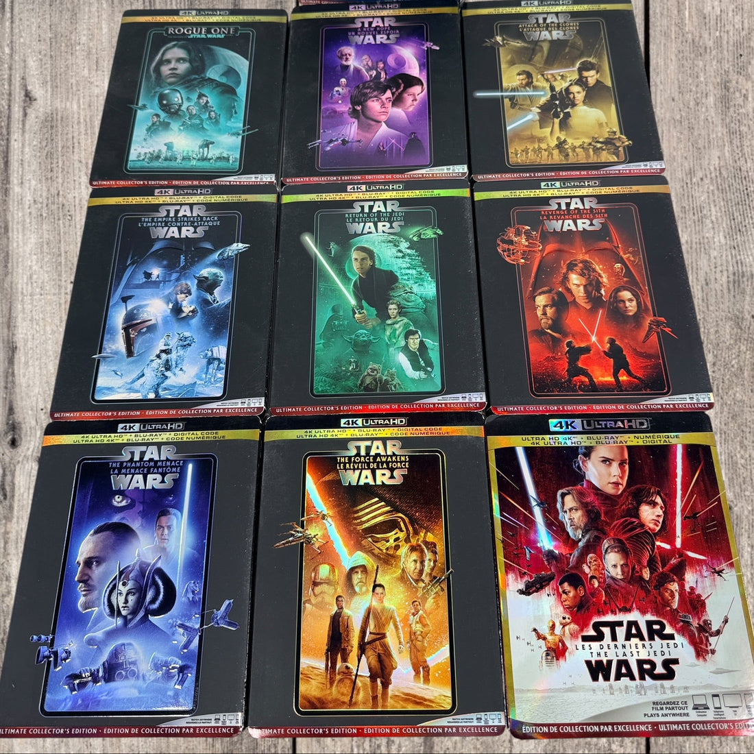 Complete 11-movie Star Wars 4K Ultra HD Blu-ray collection with original slipcovers, including Rogue One and Solo. Official Disney releases in excellent pre-owned condition.