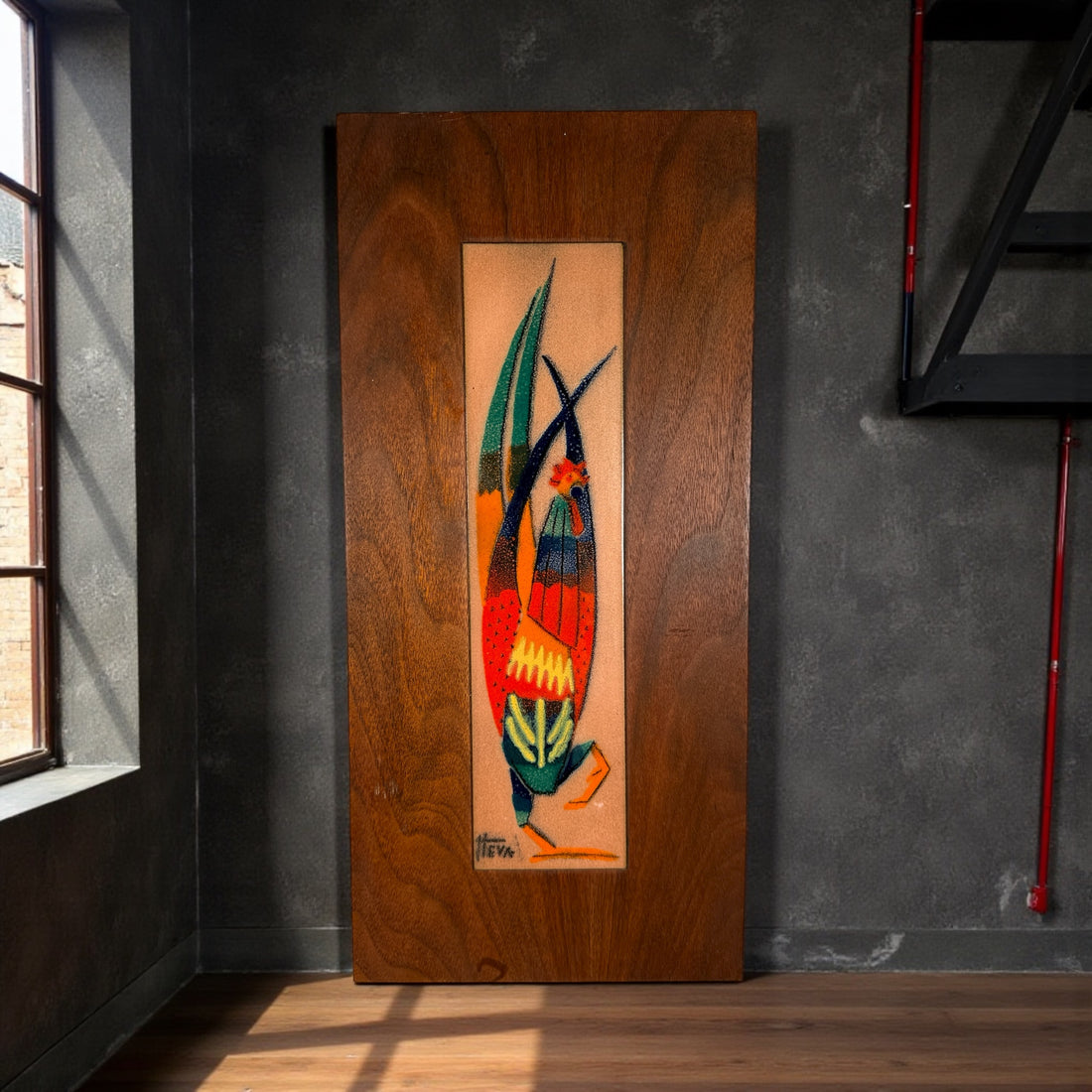 Vintage mid-century HEVA enamel on copper wall plaque with abstract figure, signed and mounted on wood. Québec studio art, 1960s–70s. Great MCM décor piece.