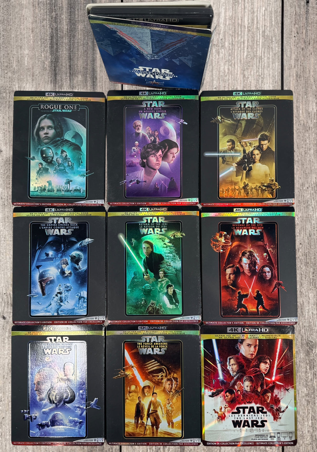 Complete 11-movie Star Wars 4K Ultra HD Blu-ray collection with original slipcovers, including Rogue One and Solo. Official Disney releases in excellent pre-owned condition.