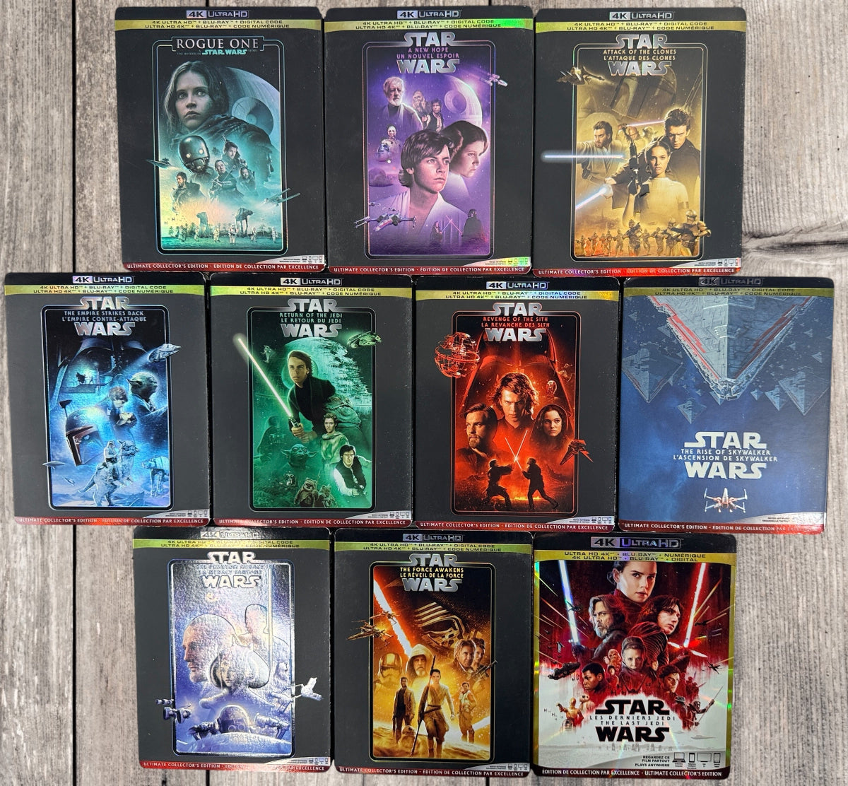 Complete 11-movie Star Wars 4K Ultra HD Blu-ray collection with original slipcovers, including Rogue One and Solo. Official Disney releases in excellent pre-owned condition.