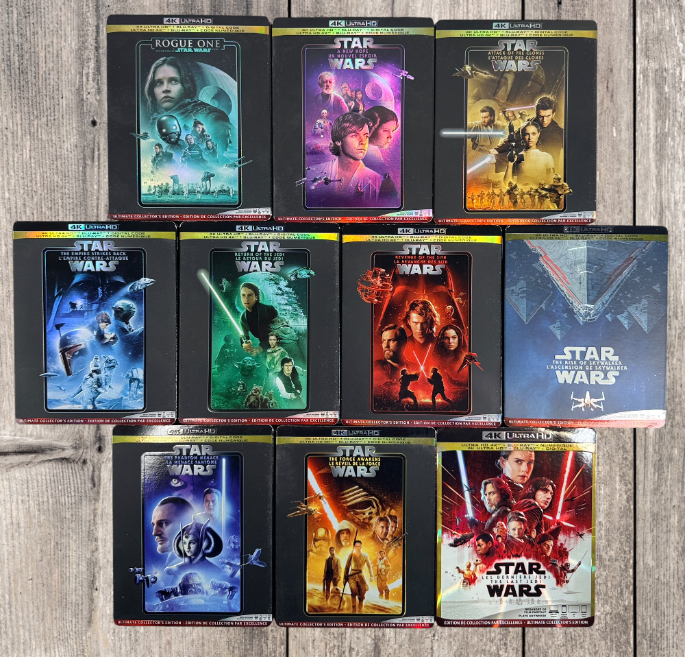 Complete 11-movie Star Wars 4K Ultra HD Blu-ray collection with original slipcovers, including Rogue One and Solo. Official Disney releases in excellent pre-owned condition.