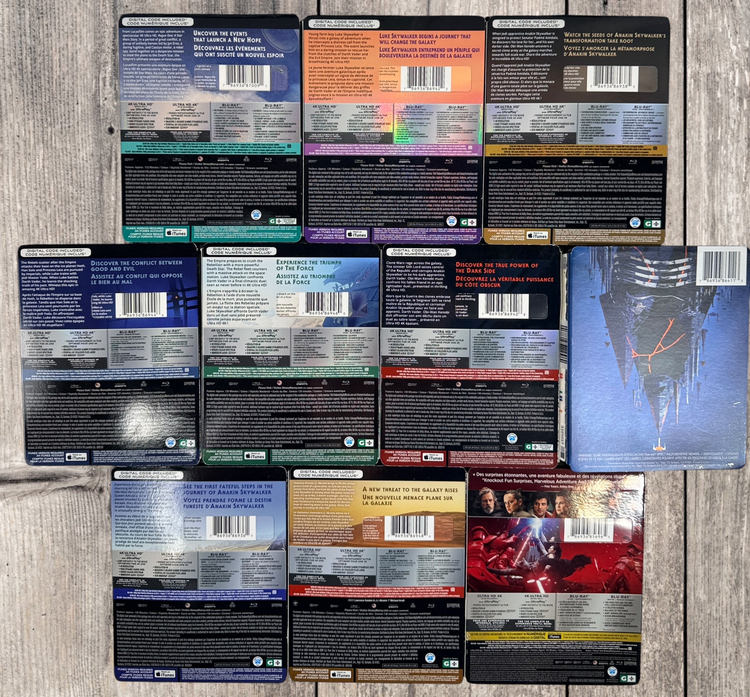 Complete 11-movie Star Wars 4K Ultra HD Blu-ray collection with original slipcovers, including Rogue One and Solo. Official Disney releases in excellent pre-owned condition.