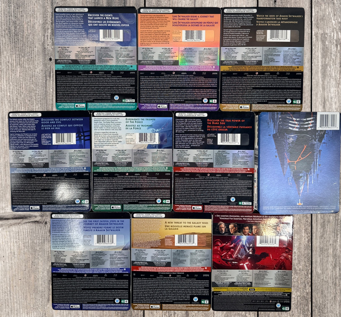 Complete 11-movie Star Wars 4K Ultra HD Blu-ray collection with original slipcovers, including Rogue One and Solo. Official Disney releases in excellent pre-owned condition.