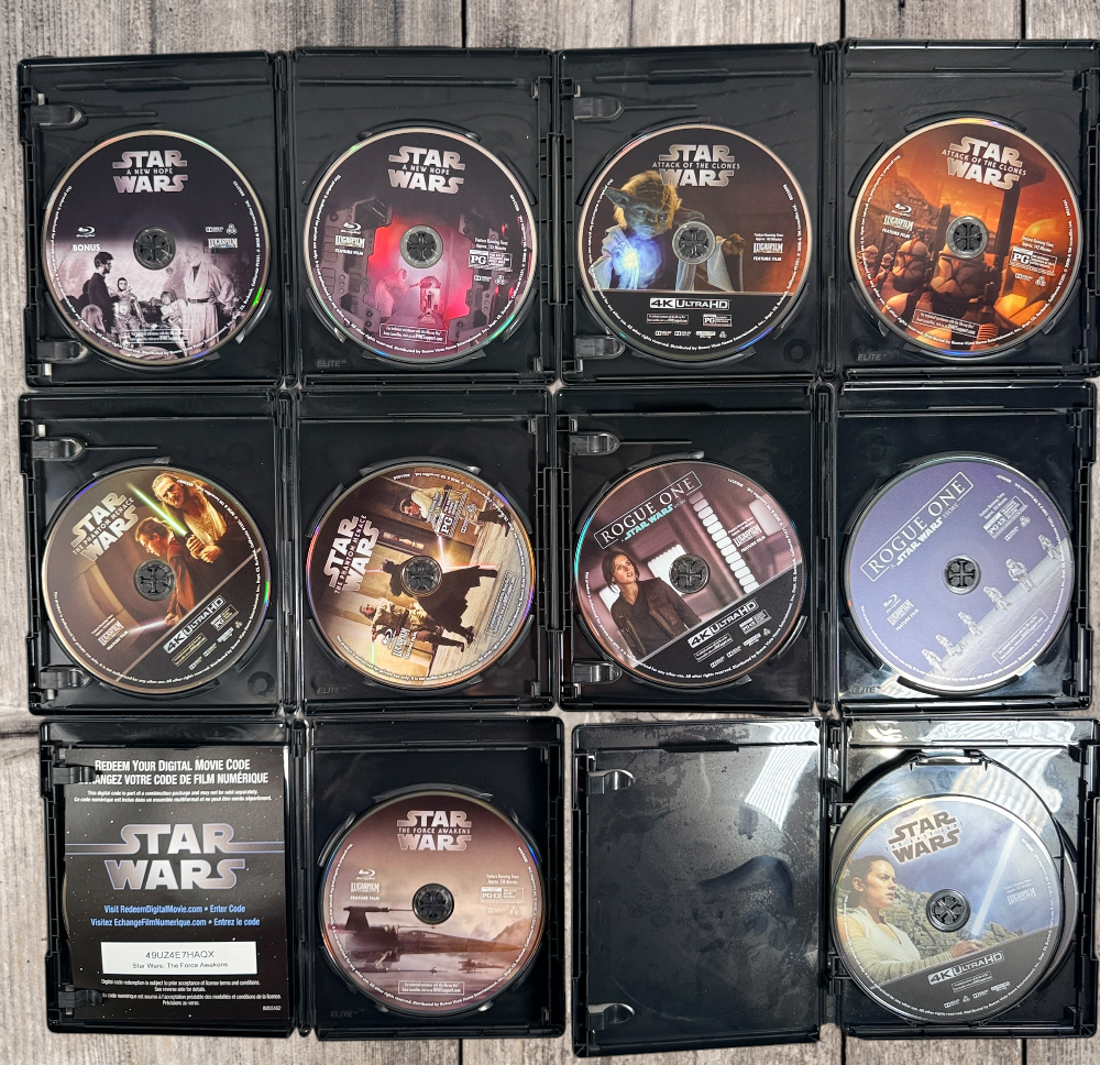 Complete 11-movie Star Wars 4K Ultra HD Blu-ray collection with original slipcovers, including Rogue One and Solo. Official Disney releases in excellent pre-owned condition.