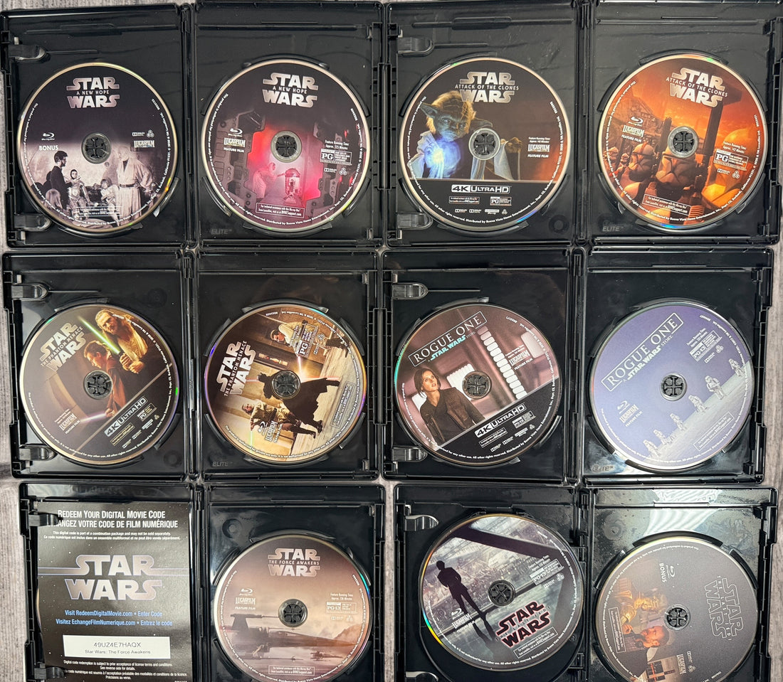 Complete 11-movie Star Wars 4K Ultra HD Blu-ray collection with original slipcovers, including Rogue One and Solo. Official Disney releases in excellent pre-owned condition.