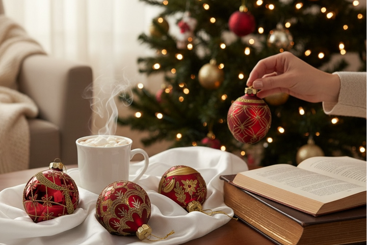 Luxury Balsam Hill red &amp; gold glass ornament set of six with jeweled details and satin box. Premium holiday décor in excellent condition.