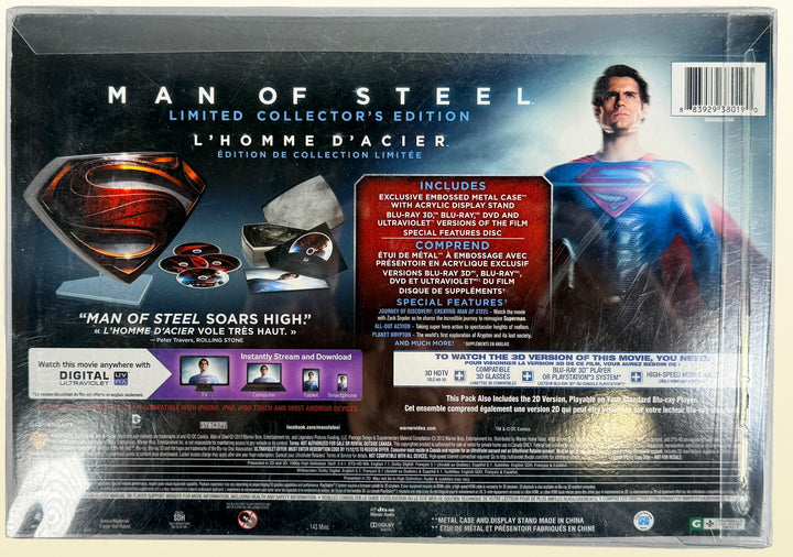 Limited numbered Man of Steel Collector's Edition #08205/10000 with embossed metal Superman case, acrylic display stand, Blu-ray 3D, Blu-ray, DVD and bonus disc.
