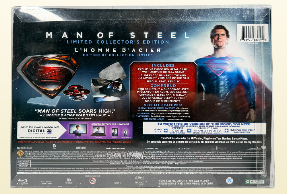 Limited numbered Man of Steel Collector's Edition #08205/10000 with embossed metal Superman case, acrylic display stand, Blu-ray 3D, Blu-ray, DVD and bonus disc.