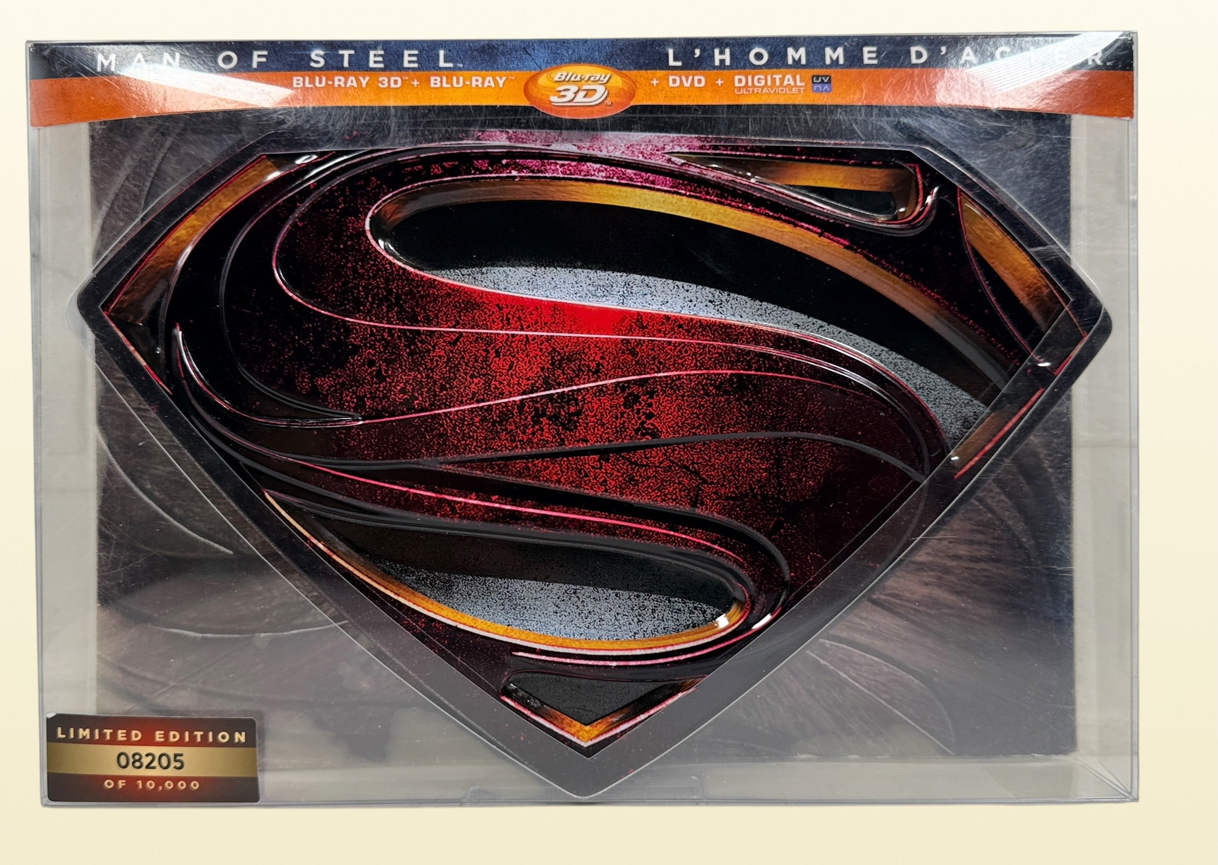 Limited numbered Man of Steel Collector's Edition #08205/10000 with embossed metal Superman case, acrylic display stand, Blu-ray 3D, Blu-ray, DVD and bonus disc.