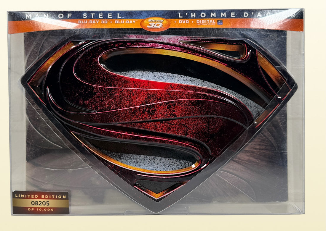 Limited numbered Man of Steel Collector's Edition #08205/10000 with embossed metal Superman case, acrylic display stand, Blu-ray 3D, Blu-ray, DVD and bonus disc.