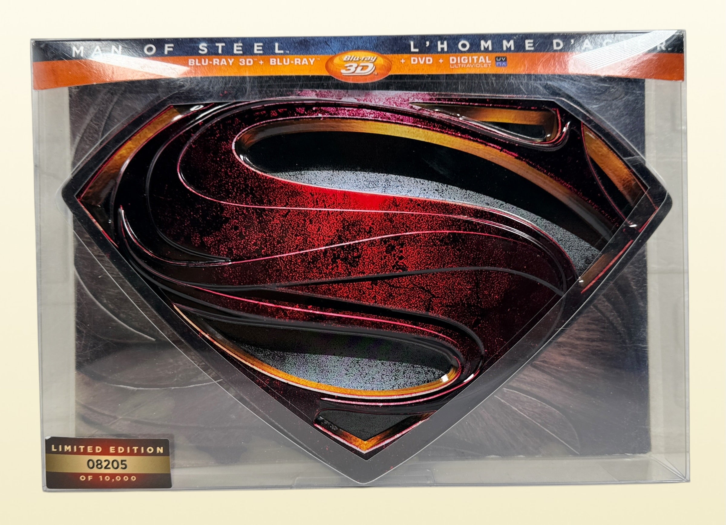 Limited numbered Man of Steel Collector's Edition #08205/10000 with embossed metal Superman case, acrylic display stand, Blu-ray 3D, Blu-ray, DVD and bonus disc.