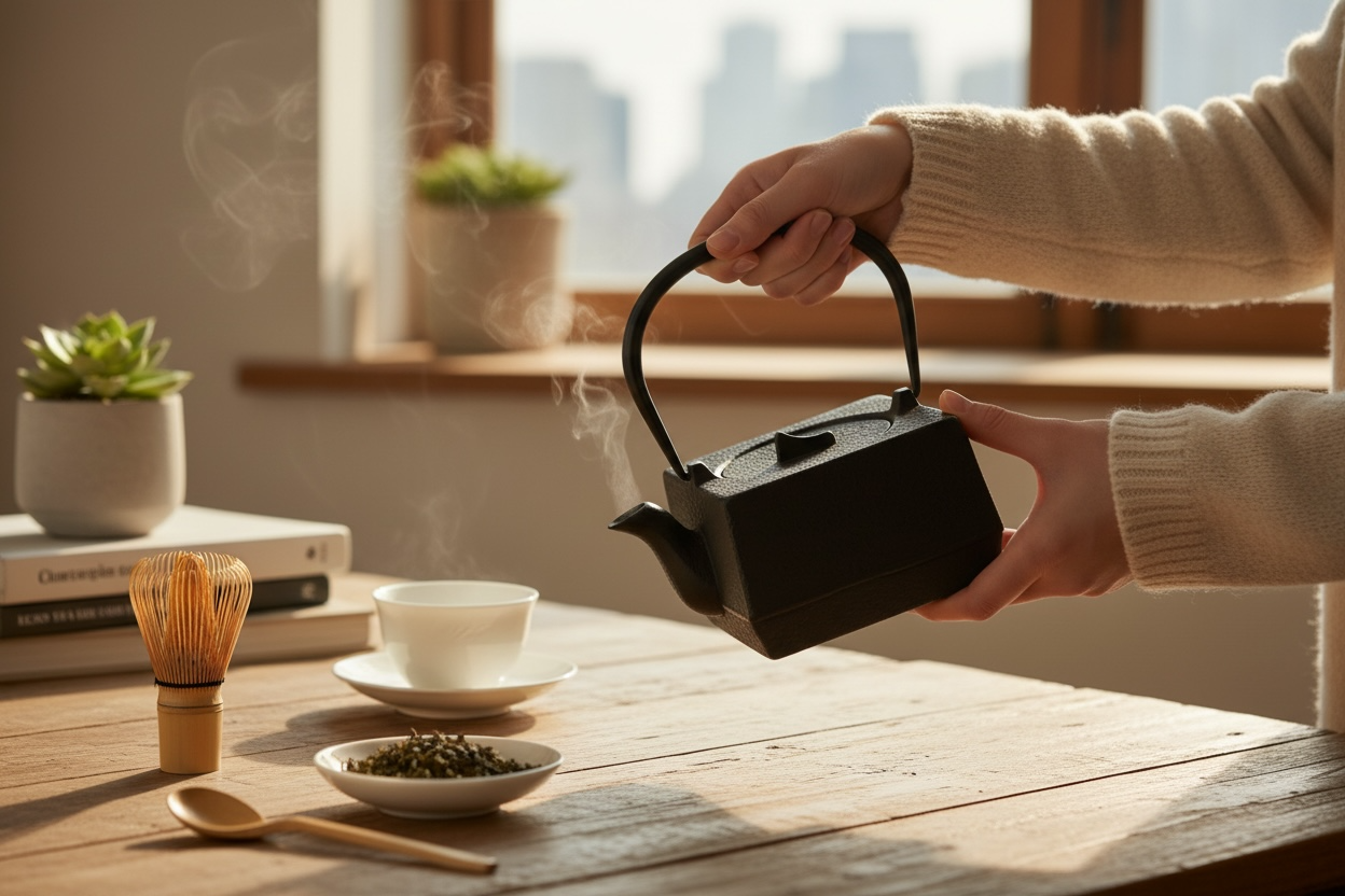 Japanese Nambu-Tekki cast iron teapot, 4×4 cube shape, enamel-lined, excellent condition. Quality Morioka-style cast iron. Eco Depot Montreal.