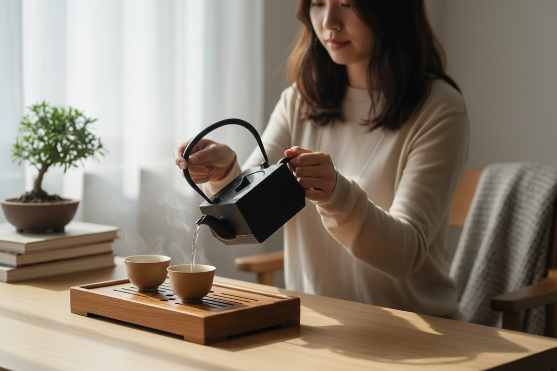 Japanese Nambu-Tekki cast iron teapot, 4×4 cube shape, enamel-lined, excellent condition. Quality Morioka-style cast iron. Eco Depot Montreal.