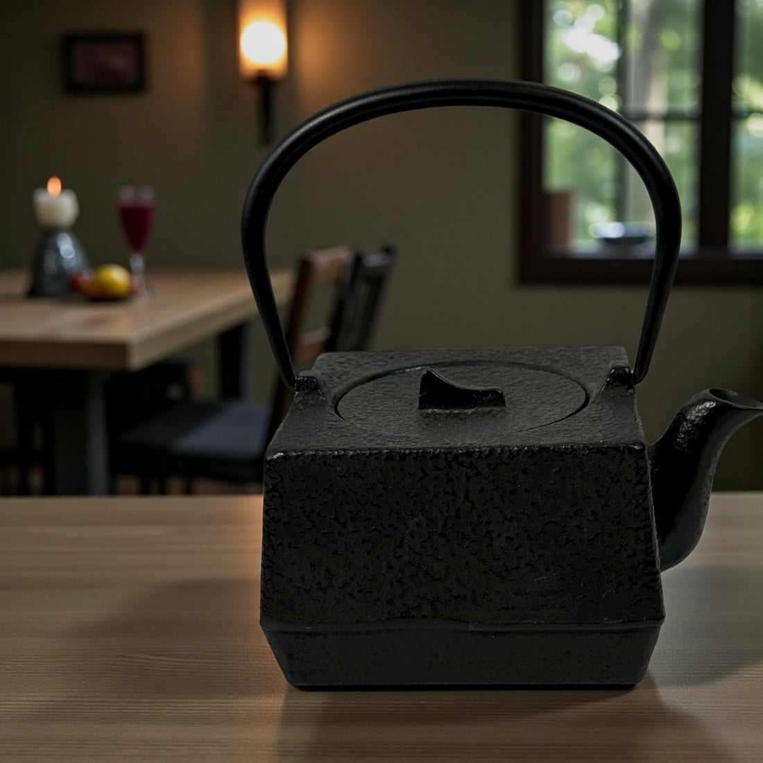 Japanese Nambu-Tekki cast iron teapot, 4×4 cube shape, enamel-lined, excellent condition. Quality Morioka-style cast iron. Eco Depot Montreal.