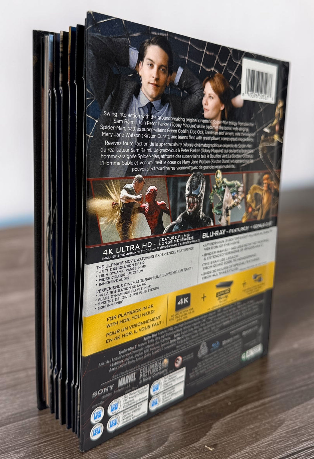 Complete Spider-Man Trilogy Origins Collection Digibook with 4K Ultra HD and Blu-ray discs plus bonus disc. Premium Tobey Maguire collector’s edition.