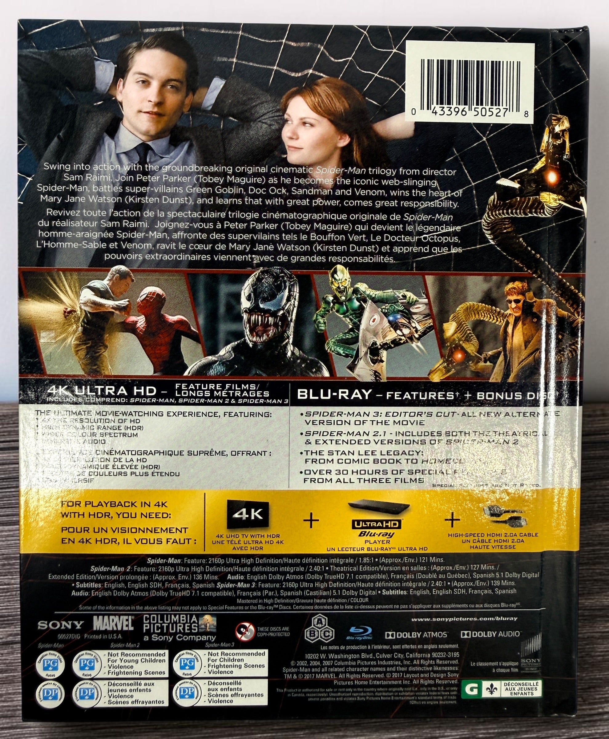 Complete Spider-Man Trilogy Origins Collection Digibook with 4K Ultra HD and Blu-ray discs plus bonus disc. Premium Tobey Maguire collector’s edition.
