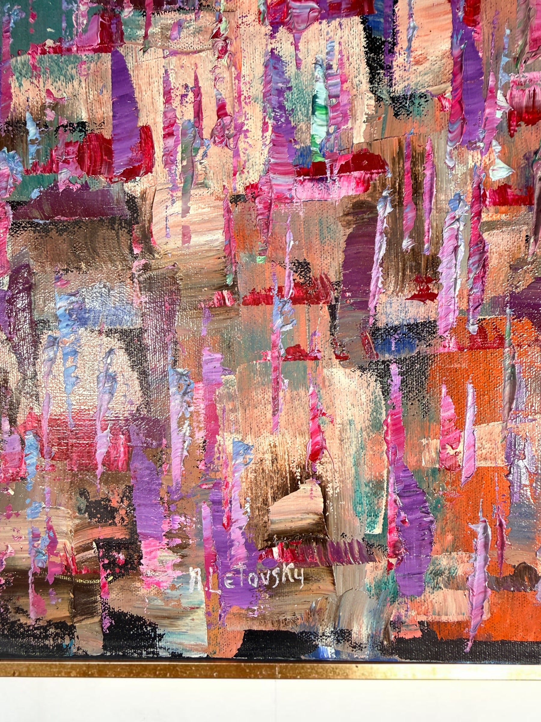 Original Nathan Letovsky "Fraternity" acrylic on canvas. Vibrant textured abstract painting by the Montreal artist, professionally framed and ready to display