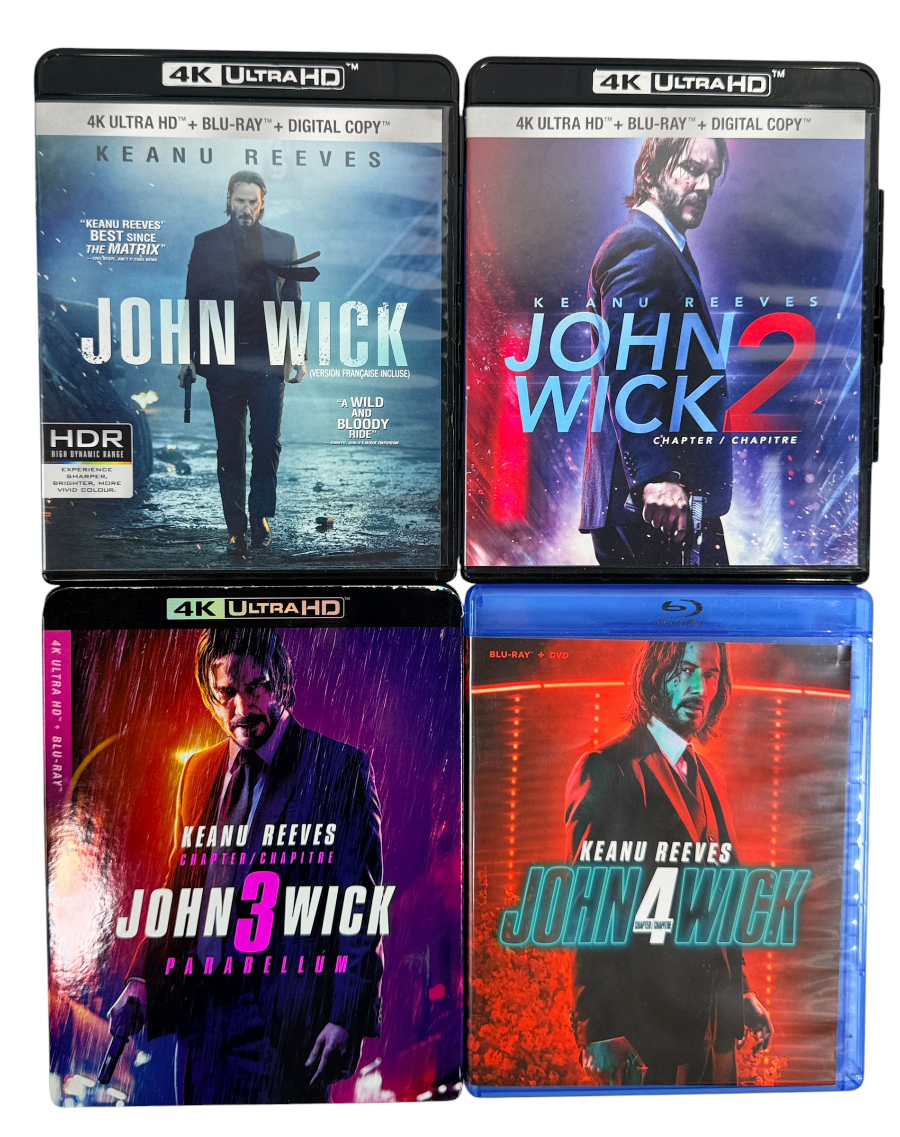 Complete John Wick 1–4 movie collection starring Keanu Reeves. Includes Chapters 1–3 on 4K UHD + Blu-ray and Chapter 4 on Blu-ray + DVD. Excellent pre-owned condition.