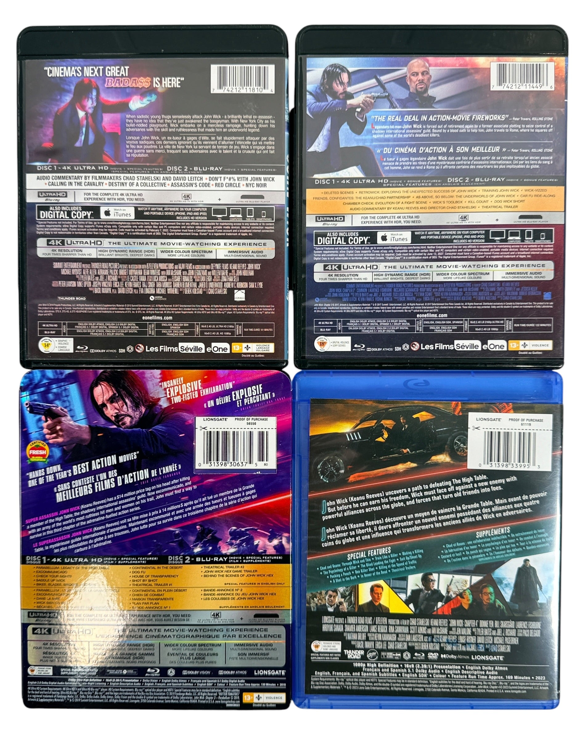 Complete John Wick 1–4 movie collection starring Keanu Reeves. Includes Chapters 1–3 on 4K UHD + Blu-ray and Chapter 4 on Blu-ray + DVD. Excellent pre-owned condition.