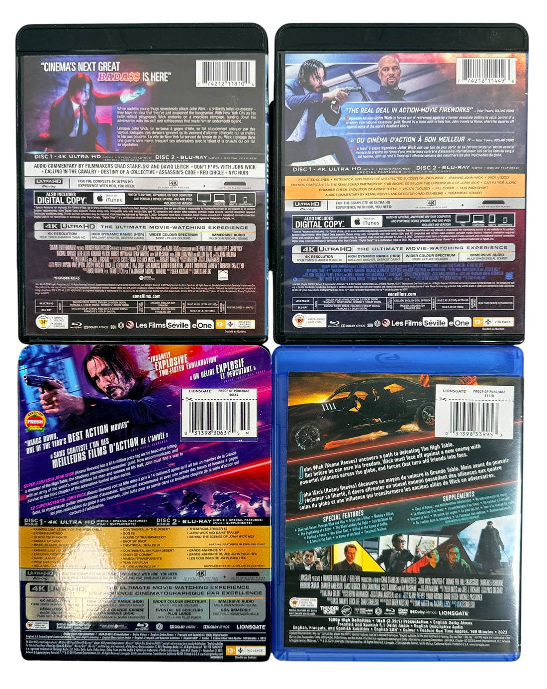 Complete John Wick 1–4 movie collection starring Keanu Reeves. Includes Chapters 1–3 on 4K UHD + Blu-ray and Chapter 4 on Blu-ray + DVD. Excellent pre-owned condition.
