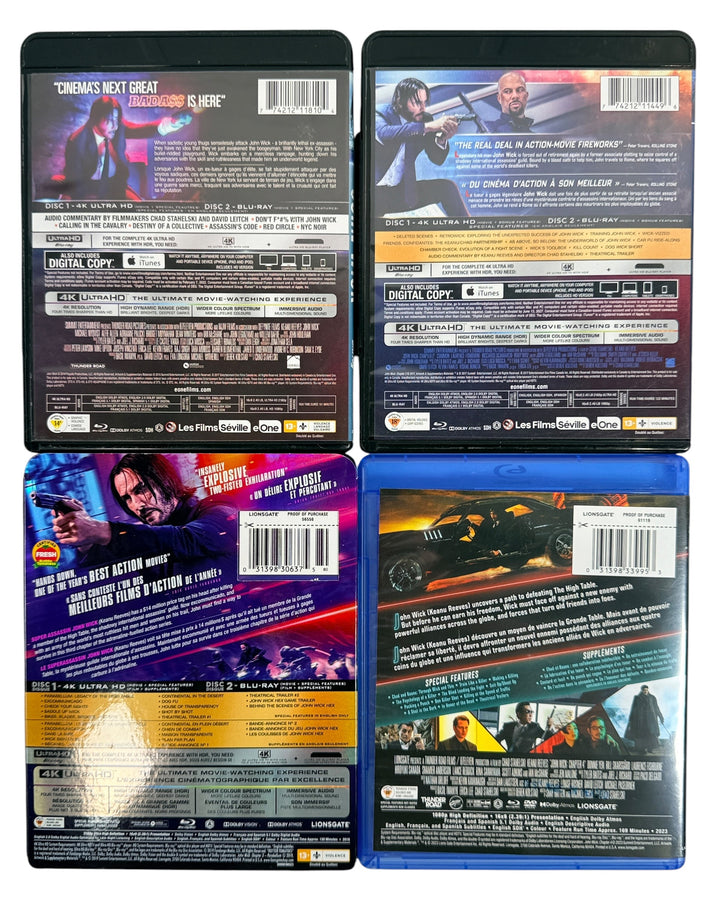Complete John Wick 1–4 movie collection starring Keanu Reeves. Includes Chapters 1–3 on 4K UHD + Blu-ray and Chapter 4 on Blu-ray + DVD. Excellent pre-owned condition.