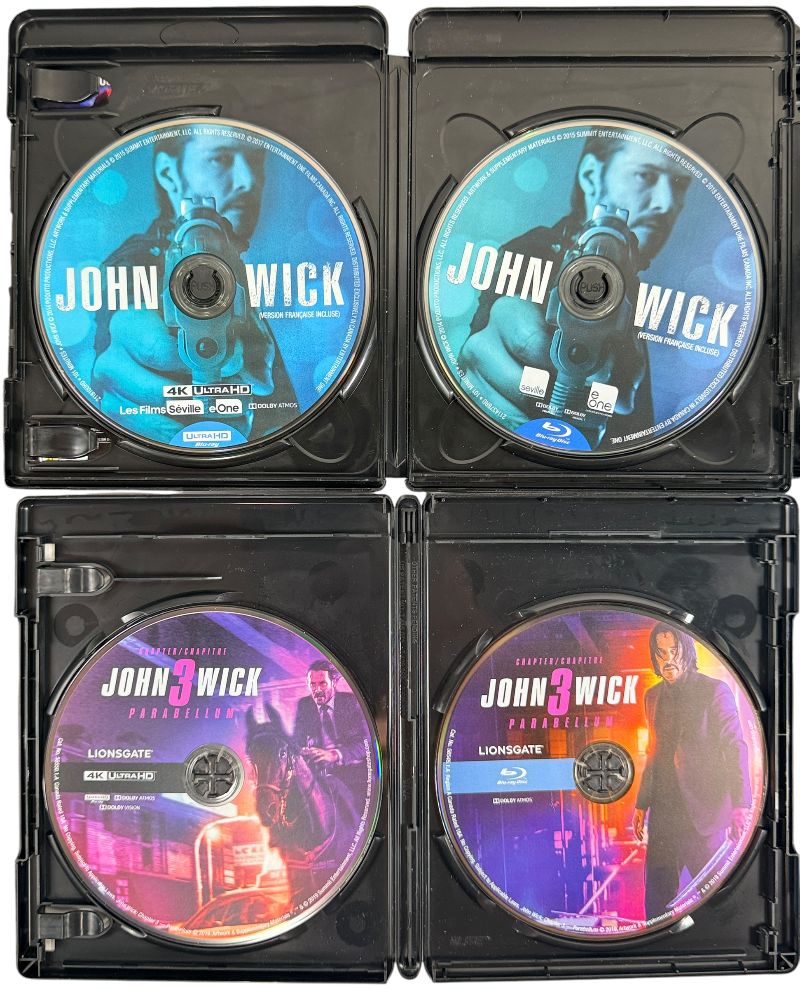 Complete John Wick 1–4 movie collection starring Keanu Reeves. Includes Chapters 1–3 on 4K UHD + Blu-ray and Chapter 4 on Blu-ray + DVD. Excellent pre-owned condition.