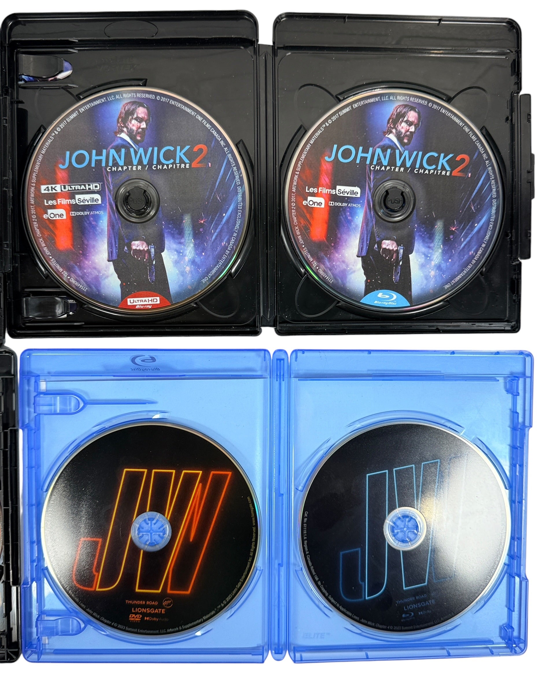 Complete John Wick 1–4 movie collection starring Keanu Reeves. Includes Chapters 1–3 on 4K UHD + Blu-ray and Chapter 4 on Blu-ray + DVD. Excellent pre-owned condition.