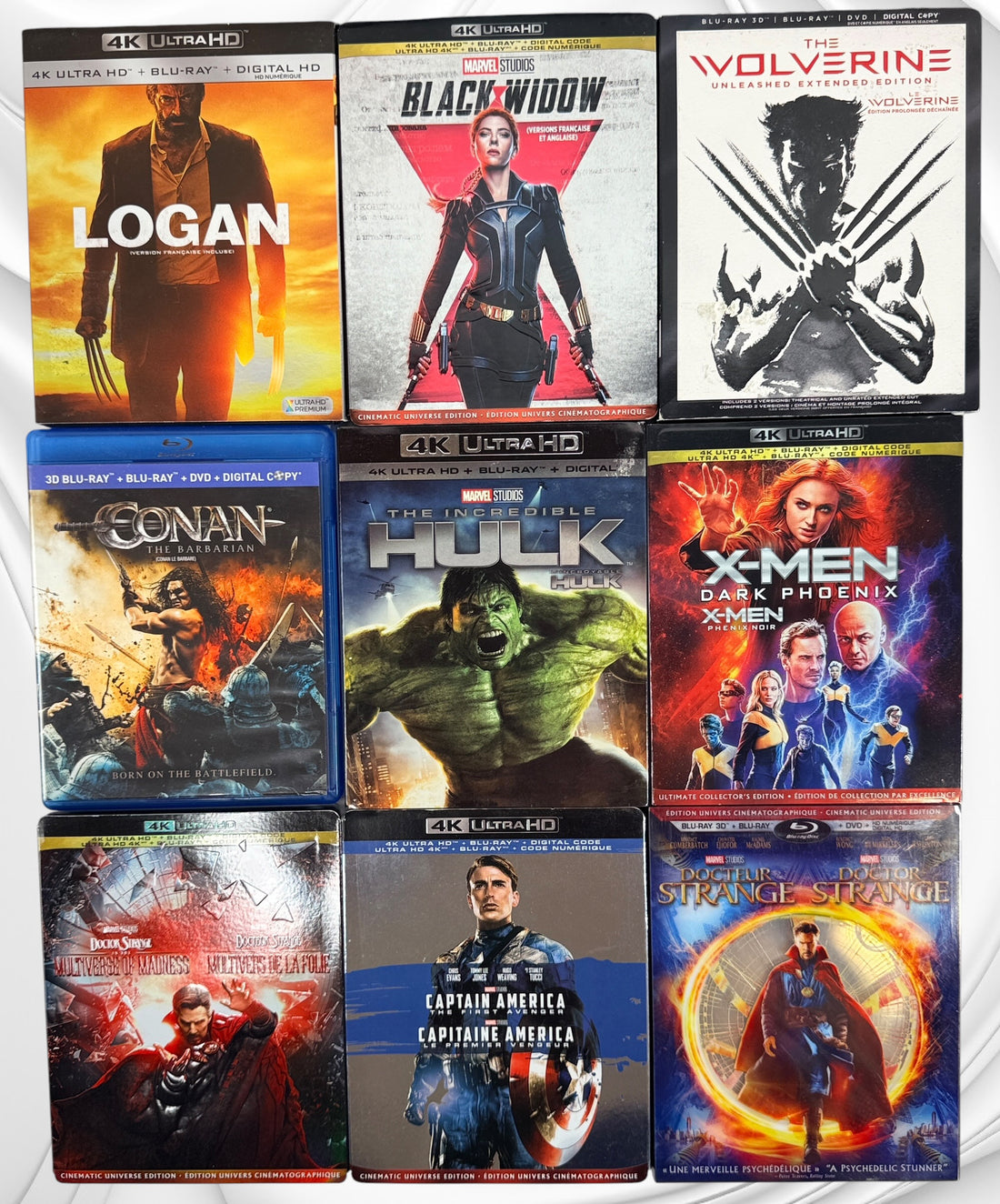 Complete 9-movie Marvel and X-Men collection featuring 4K Ultra HD, Blu-ray and Blu-ray 3D editions. Includes Logan, Hulk, Black Widow, Doctor Strange and more.
