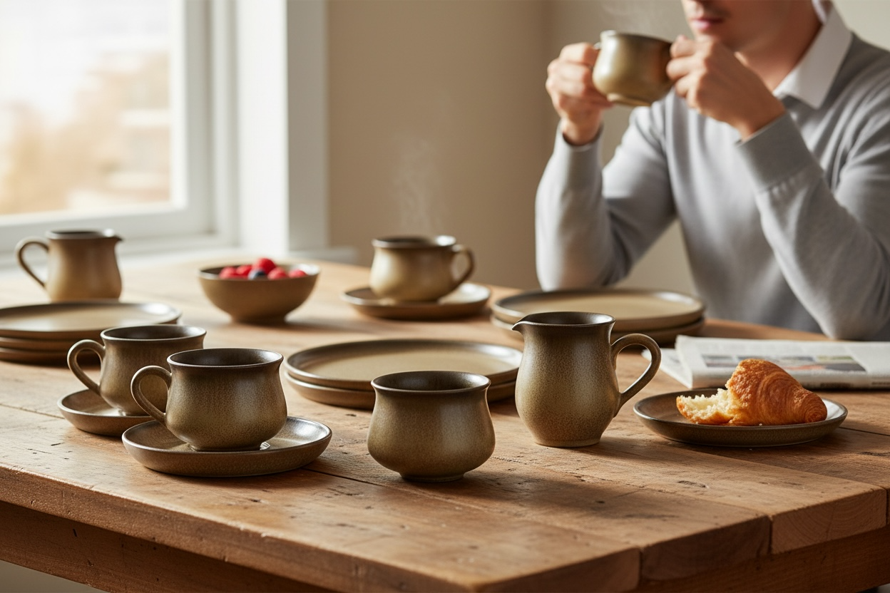 Vintage Denby England stoneware tea set, 10-piece matching speckled beige collection. Cups, saucers, plates, creamer, sugar bowl. Durable and collectible.