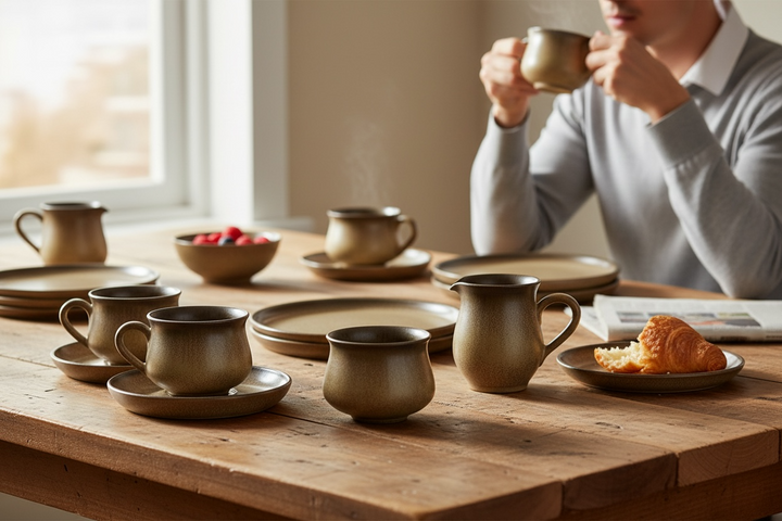 Vintage Denby England stoneware tea set, 10-piece matching speckled beige collection. Cups, saucers, plates, creamer, sugar bowl. Durable and collectible.