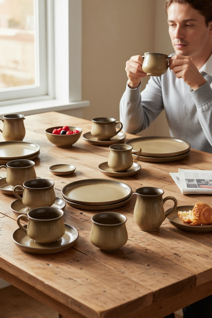 Vintage Denby England stoneware tea set, 10-piece matching speckled beige collection. Cups, saucers, plates, creamer, sugar bowl. Durable and collectible.