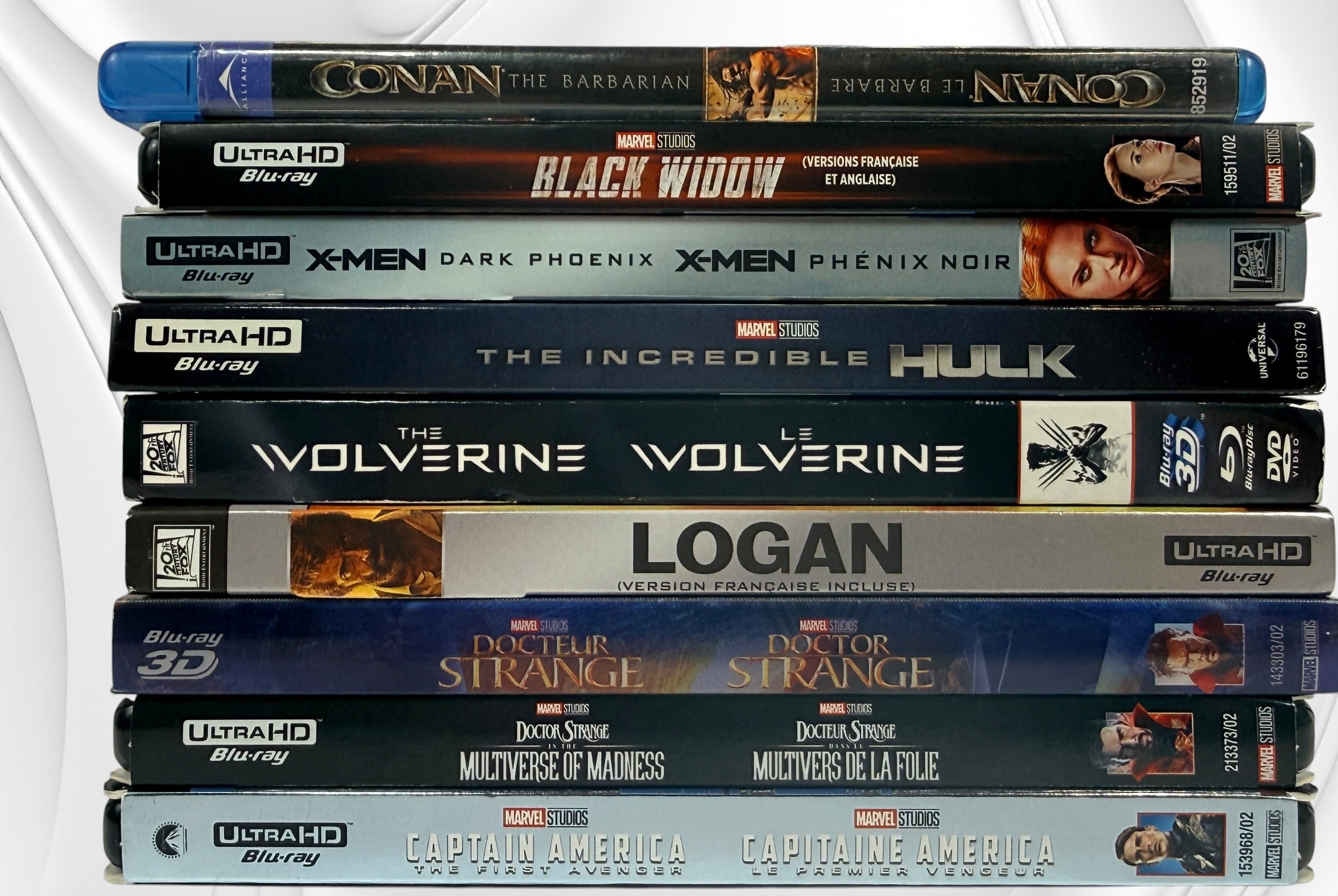 Complete 9-movie Marvel and X-Men collection featuring 4K Ultra HD, Blu-ray and Blu-ray 3D editions. Includes Logan, Hulk, Black Widow, Doctor Strange and more.